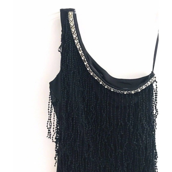 ArkCo | Anthropologie One Shoulder Dress Womens Size M Black Fringe Gatsby Mini - Picture 4 of 11